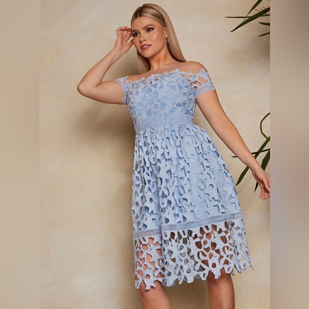 Bardot Lace Midi Crochet Dress in Blue